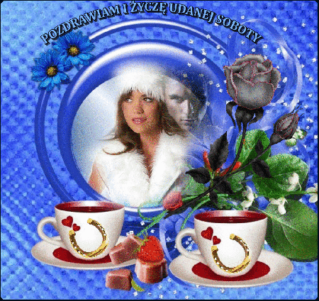 Niebieska kartka z szaro bordowymi różami na sobotę